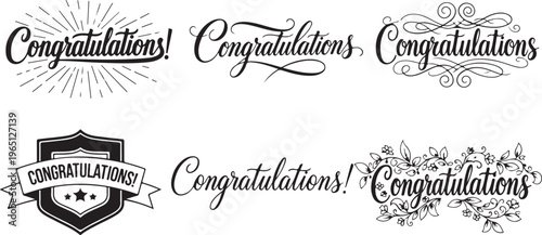 Variety of congratulation text styles and decorative lettering for greetings and celebrations.