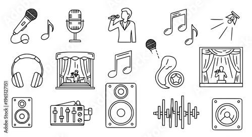 Detailed singer outline icon set with music performance and audio entertainment illustrations