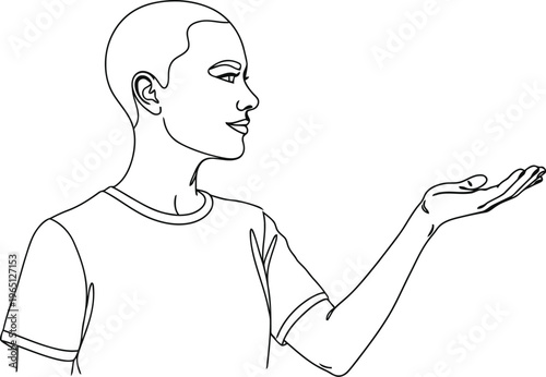 Young boy with short hair offering something with an open palm