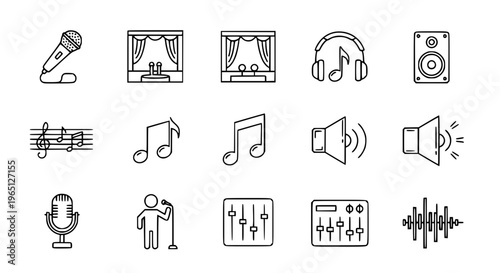 Minimal singer outline icon set with music performance and audio symbols