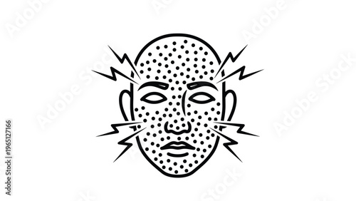 Abstract line art icon of a human face covered in many small dots with lightning bolts indicating intense pain or skin sensitivity.