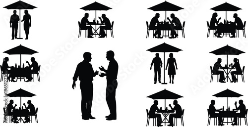 Black silhouette illustration of people interacting at café tables with umbrellas, dining, conversation, and social connection design concept
