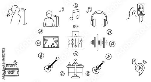 Modern singer and music performance outline icons collection with audio and entertainment symbols