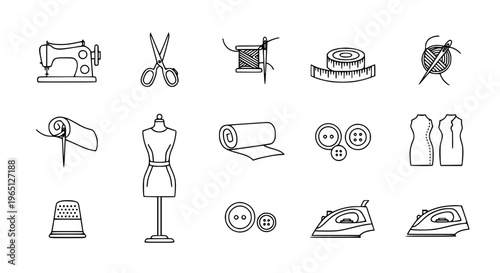 Minimal tailor outline icon set with sewing, fabric, and fashion design symbols