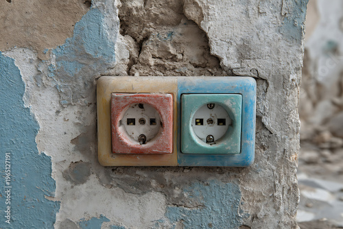 Home electrical repair work left incomplete on damaged wall with worn outlets in a room with peeling paint and debris Generative AI