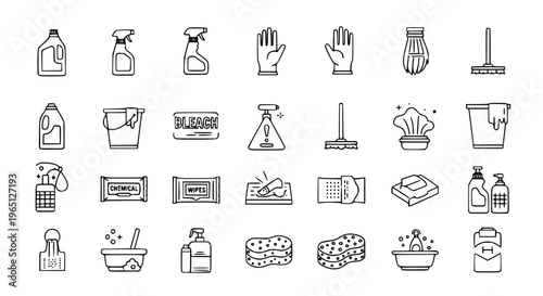 Minimal bleach outline icon set with cleaning, hygiene, and disinfectant symbols