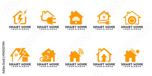Creative smart home power icons set with electric house symbols and modern flat design, suitable for technology, energy, and automation themes.