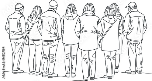 Sketch of a diverse group of people standing together viewed from behind