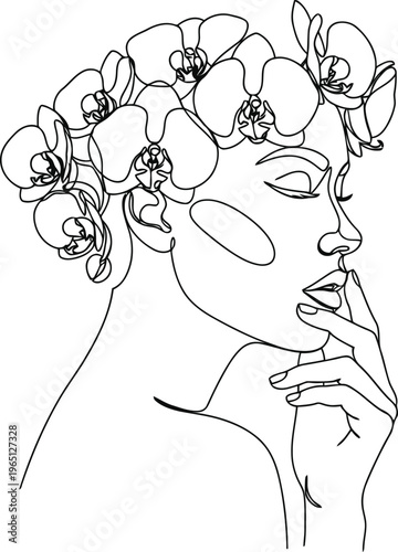 Elegant single line drawing of a woman with floral hair accents