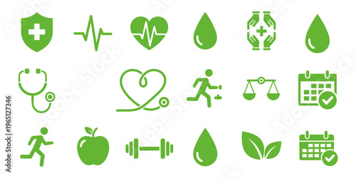 Modern medical icon set with clinic, health, and wellness symbols in fresh green color, ideal for healthcare branding.