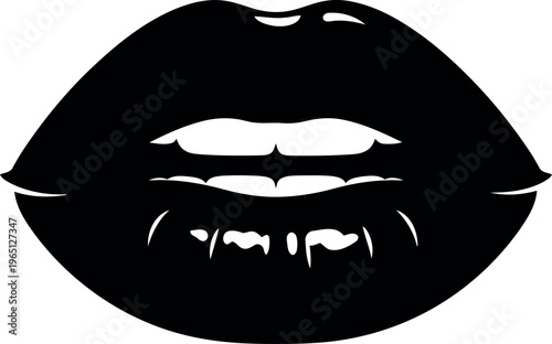 Glossy black lips with a subtle smile on a white background