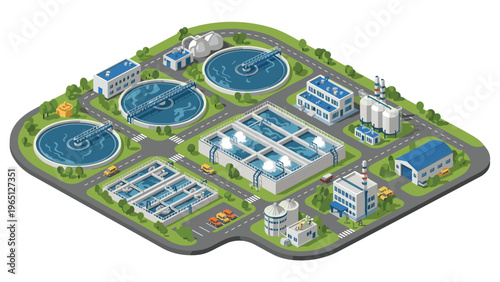 Isometric view of a modern industrial water treatment plant with circular filtration tanks and support buildings.