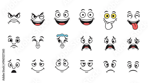 Selection of various expressive cartoon faces showing emotions like anger, joy, surprise, and playful silliness.