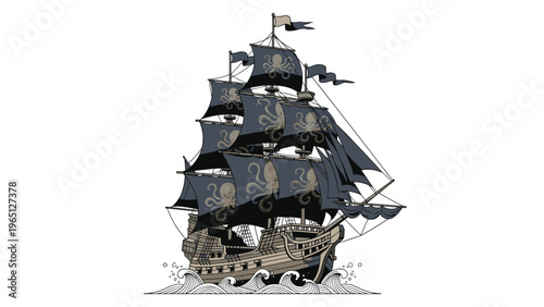 Magnificent vintage sailing ship with dark sails decorated with large octopus graphics cruising on the ocean.