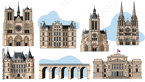 Detailed architectural illustrations of famous French landmarks and gothic cathedrals presented in a clean and modern flat design style.