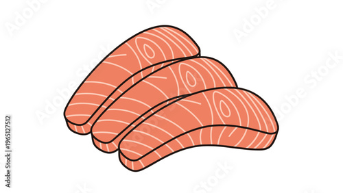 Three fresh slices of raw salmon fillet with detailed marbled texture isolated on a white background for food and nutrition concepts.