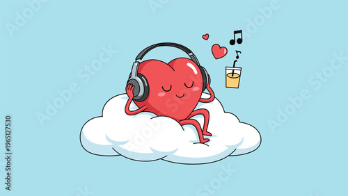 Adorable red heart character wearing headphones and listening to music while relaxing comfortably on a soft white cloud in a blue sky.