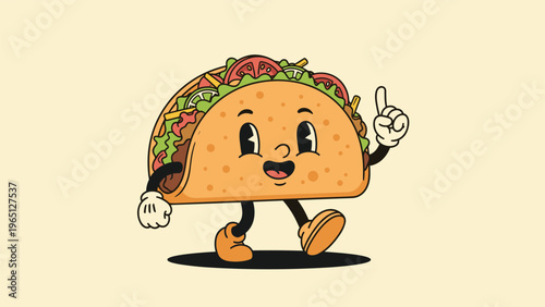 Retro style cartoon taco character with a happy face walking and pointing upwards against a warm yellow background for a vintage food ad.