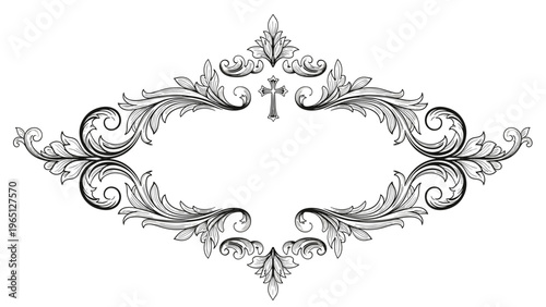 Ornate decorative frame featuring intricate floral scrolls and a Christian cross at the top center for religious or memorial designs.
