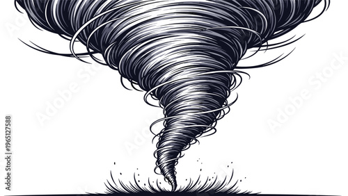 Dramatic and detailed engraving style illustration of a powerful tornado or whirlwind descending from the sky onto the ground.