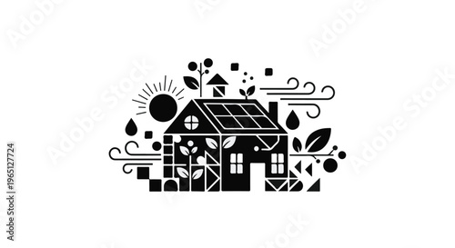 Eco-friendly house powered by nature's elements, symbolizing sustainability and renewable energy.