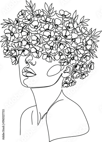 Elegant line art portrait of a woman with a voluminous floral hairstyle