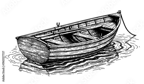 Detailed rowboat sketch black white nautical water illustration