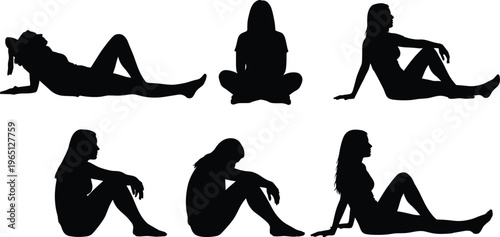 Black silhouette illustration of seated and reclining human figures, relaxed poses, contemplative body gestures, design concept for posture