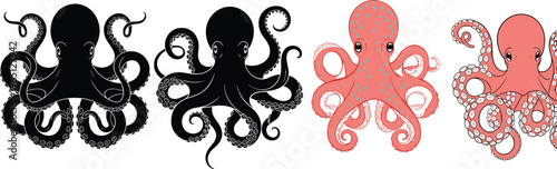Octopus Illustration Set with Various Poses, Colorful and Silhouette Variations for Ocean, Marine Life, and Aquatic Design