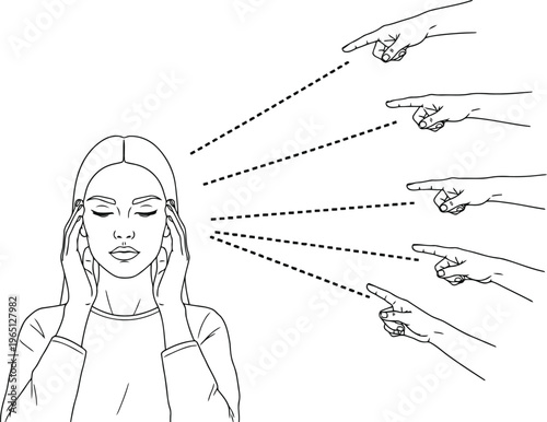 Young girl feeling overwhelmed by many pointing fingers of accusation