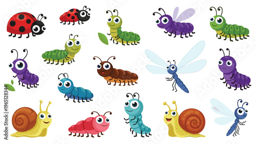 Diverse collection of colorful cartoon insect characters including ladybugs, caterpillars, snails, and dragonflies with friendly faces.