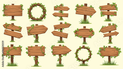 Collection of various rustic wooden sign boards and directional arrows decorated with lush green climbing vines and grass.
