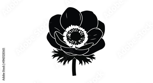 Elegant black silhouette of a delicate anemone flower against a clean white background.