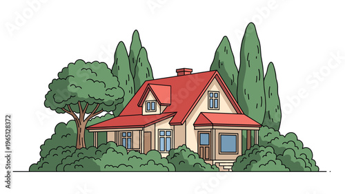 Charming illustration of a traditional country house with a red roof surrounded by lush green trees and manicured bushes.