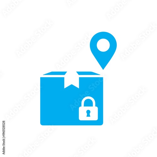 Cyan colored shipping container graphic combines a locked element and a destination map pointer demonstrating protected route.