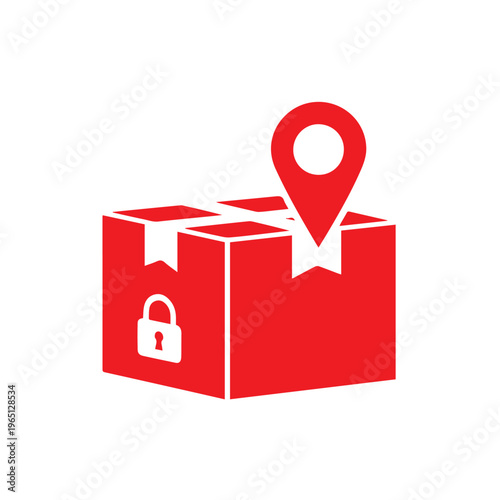 Red delivery package glyph displays a prominent location marker and a small padlock symbol representing secure shipment tracking.