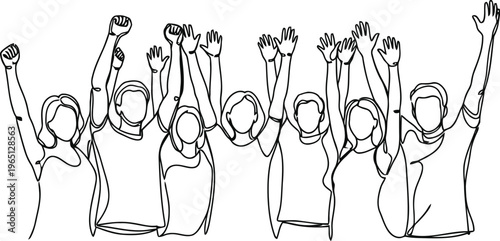 Joyful crowd celebrates with raised arms and cheers in sketch style