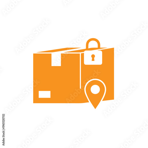 Orange graphic icon showing a locked shipping box next to a map pointer indicating secure package tracking location.