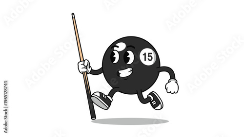 Playful retro cartoon billiard ball character with the number fifteen walking and holding a pool cue stick with a friendly smile.