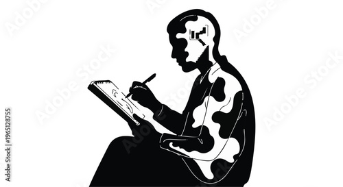 Artist sketching creatively on a tablet, focused and inspired in silhouette.