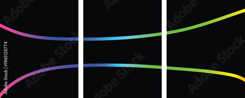 Vibrant rainbow curves on black background with white vertical lines