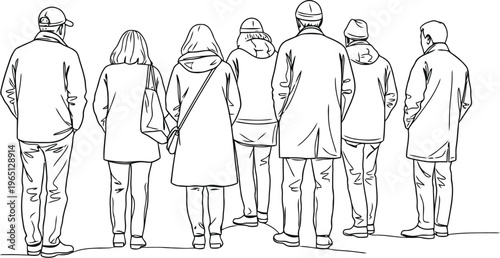Sketch of a group of people standing together from behind