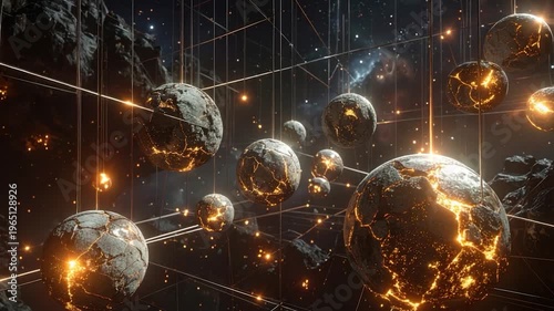 Glowing orbs connected by lines in a dark space, stars and asteroids near