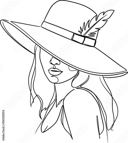 Elegant woman wearing a wide brimmed hat with feather detail