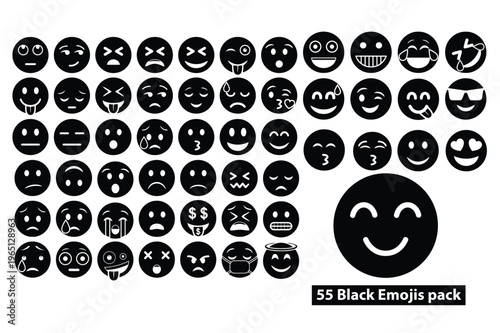 Collection of 55 Black and White Emoji Icons, Perfect for Digital Designs and Expressive Communication