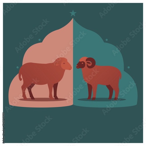Eid Al-Adha Qurban Sheep and Ram Illustration with Islamic Architecture in Flat Design
