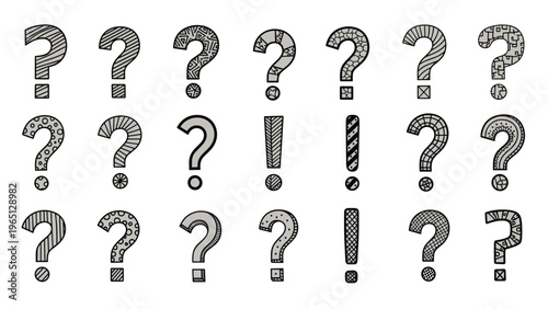Diverse collection of stylized question marks and exclamation points with different textures and patterns for creative typography design.