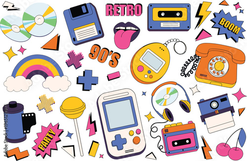 A vibrant collection of retro 90s pop culture items and vintage gadgets, evoking a sense of nostalgia for a past era with classic toys and technology
