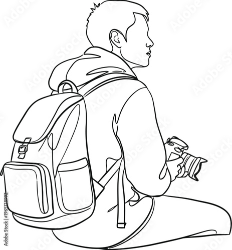 Sketch of a person with backpack sitting and playing a small instrument