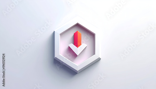 Arrow symbol inside hexagon frame in clean 3D style on a white surface background